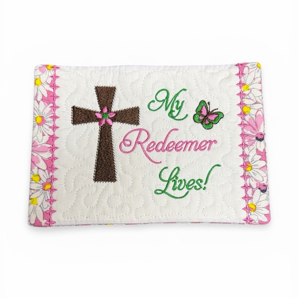 Hand Crafted Mug Rug Coaster Embroidered Cotton My Redeemer Lives Pink White - Picture 5 of 7